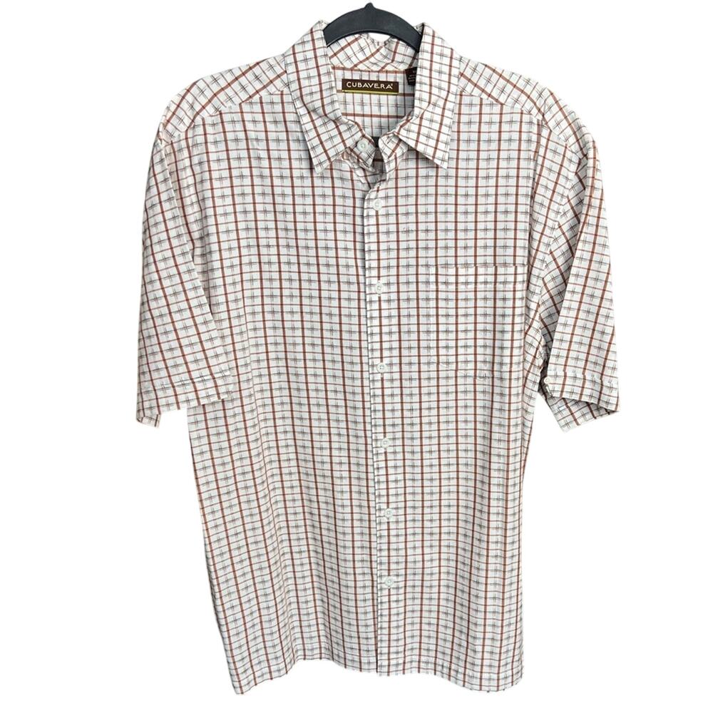Cubavera Rust White Plaid Short Sleeve Button Down Shirt Casual Guayabera - XL